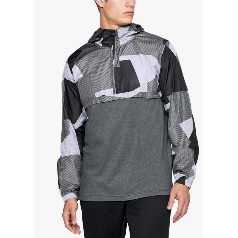 Under Armour Mens Gray Geometric Camo 1/2 Zip Hooded Windbreaker Pullover Medium